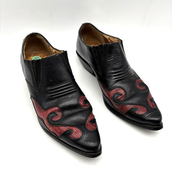 Vintage 80s Nine West Black Leather Reptile Inlay Point Toe Ankle Booties 7.5M - Picture 3 of 16